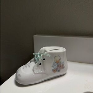 Vintage Precious Moments White Baby Shoe Bank with Mint Bow